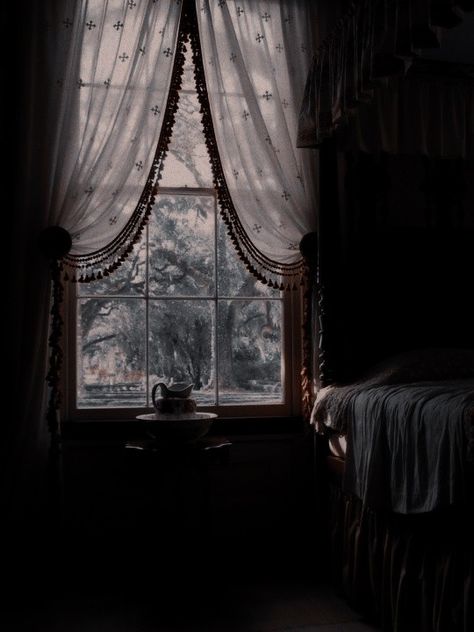 Curtains Dark Academia, Dark Room With Curtains, Dark Academia Aesthetic Curtains, Gothic Window Treatments, Curtain Aesthetic Dark, Dark Cottagecore Curtains, Scary Bedroom Aesthetic, Creepy Bedroom Aesthetic, Dark Academia Curtains