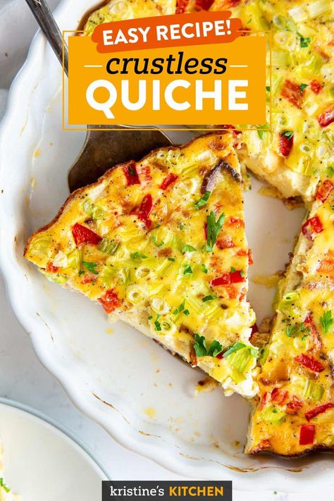 Delicious Crustless Quiche Recipe, with bacon, cheese and veggies! This easy quiche recipe is a healthy breakfast idea! Gluten-free, with recipe variations included. Egg Quiche Recipes Crustless, Quiche Recipes Easy Crustless, Crustless Quiche Recipes Bacon, Crustless Tomato Quiche Recipes, Crustless Quiche Recipes Easy, Vegetarian Crustless Quiche Recipes, Egg White Quiche Crustless, Tiegan Gerard, Taco Quiche Crustless