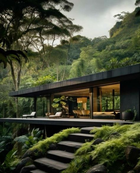 Luxury Villas #exteriordesign #outdoordesign #luxuryhomes #luxuryfurniture #luxurygarden #luxuryhouse #interiordesign #interiordecor #designlovers #luxuryhouse Tropical Brutalism, Jungle House, Earthship Home, House On Stilts, Dark House, Concrete Home, Earthship, Rain Forest, Architect House