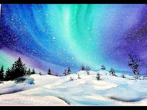 Northern Lights Watercolor, Lights Winter, Winter Drawings, Northern Lights Painting, Wallpaper Winter, Winter Landscape Painting, Winter Szenen, Landscape Watercolor, Landscape Paintings Acrylic