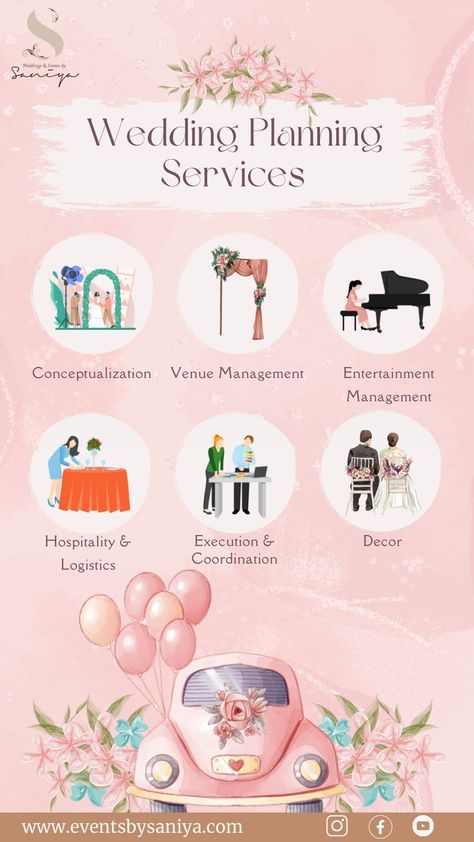 Wedding planning services by Events by Saniya in Dubai Event Planning Poster, Event Planning Board, Event Planner Branding, Wedding Planning Checklist Detailed, Event Planers, Event Planner Business Card, Event Planning Branding, Event Planning Career, Event Planning Quotes