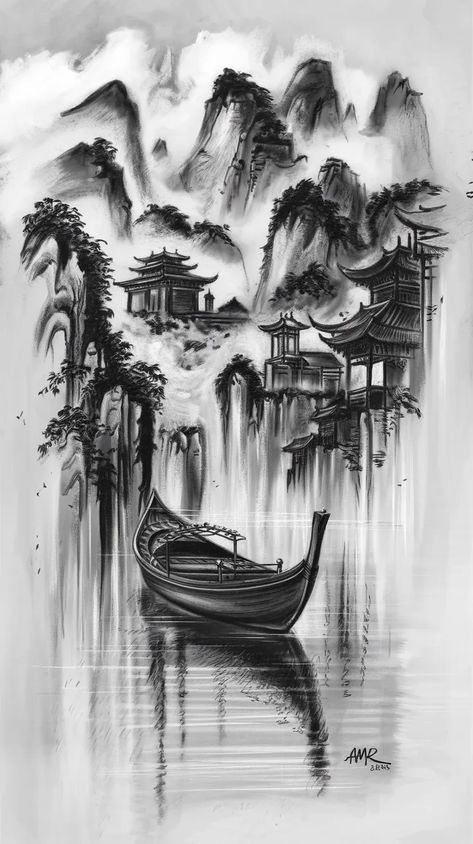 @amrmo75 #ideogram East Asian Drawing, Art Tricks, Charcoal Sketches, Traditional Boats, Misty Mountains, Charcoal Sketch, Charcoal Art, Body Of Water, Asian Design