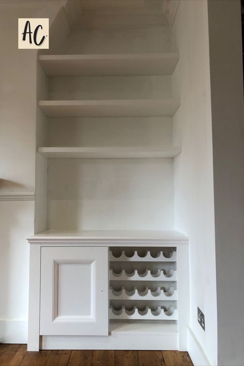 Alcove Wine Storage, Built In Wine Glass Cabinet, Built In Bar Cupboard, Alcove Bar Ideas Living Room, Living Room Wine Rack, Built In Bar With Wine Rack, Wine Rack Fireplace, Alcove Bar Ideas Built Ins, Built In Wine Rack Cabinets Open Shelves