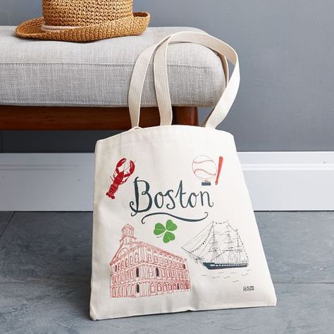 Claudia Pearson Boston Tote Bag | west elm Painted Canvas Bags, City Tote Bag, Sustainable Bag, Graphic Tote, Hand Painted Canvas, Unique Gift Ideas, Travel Decor, Unique Presents, Gifts For Readers