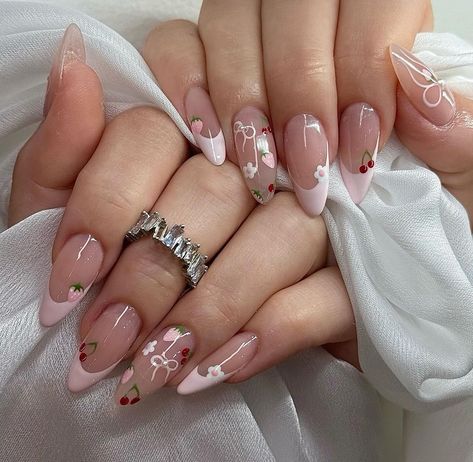 Cherry Nails, Summery Nails, Girly Acrylic Nails, Pretty Gel Nails, Really Cute Nails, Classy Nails, Funky Nails, Pretty Acrylic Nails, Short Acrylic Nails