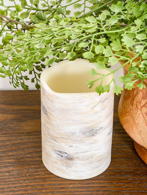 Transform basic LED Dollar Tree pillar candles into faux birch wood candles in just a few simple steps! #DIYcandles #dollarstore #dollartree #dollartreemakeover #dollarstorediy #thriftydecorating #birchcandles #dollartreefinds Birch Tree Candle Holder, Birch Tree Candles, Woodland Living, Diy Candle Pillars, Candle Makeover, Birthday Candles Diy, Birch Decor, Pillar Candles Wedding, Birch Candles