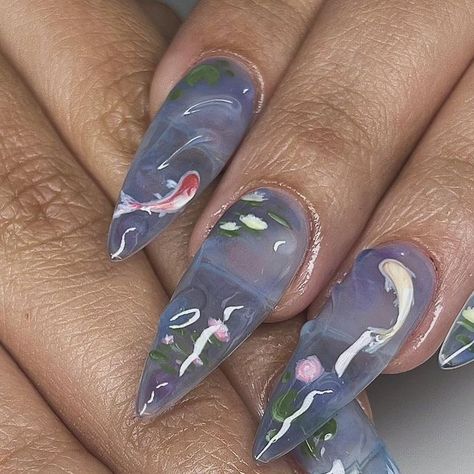 Japanese Gel X Nails, Lily Pad Nail Art, Japanese Style Nail Art, Lily Pad Nails, Spider Lily Nails, Water Lily Nails, Koi Pond Nails, Fairy Garden Nails, Japanese Inspired Nails