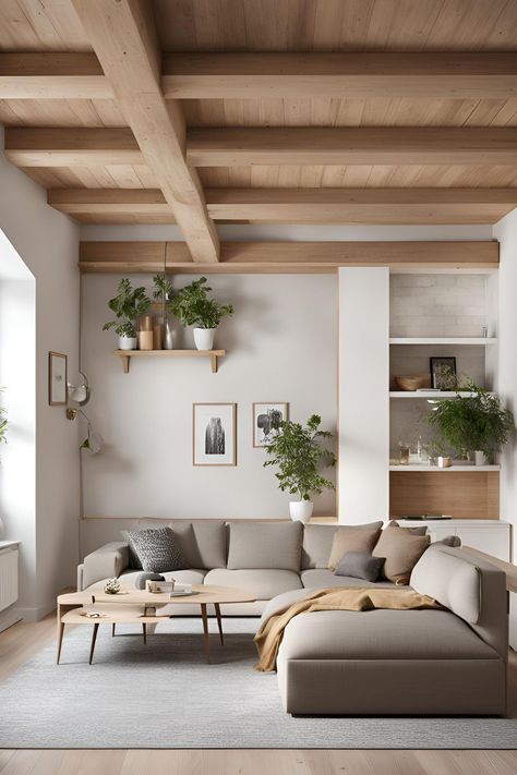 Scandinavian living room showcasing highlighted architectural features like exposed beams and large windows, creating a warm and inviting atmosphere. Scandinavian Basement, White Oak Living Room, Nordic Living Room Scandinavian Interiors, Room Scandinavian, Scandinavian Living Room, Soft Minimalism, Scandinavian Interiors, Nordic Living Room, Nordic Living