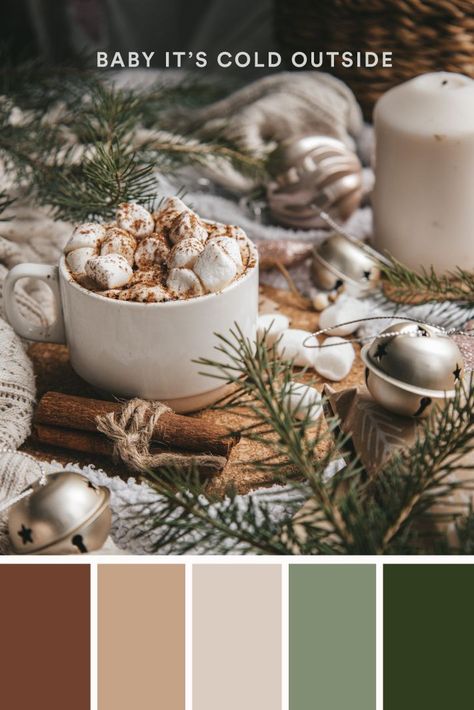 Color palette hex codes 313d1f, 828e73, dbccc1, c4a387, 70412e Christmas Color Schemes, Cozy Colors Palette, Xmas Color, Motivation Design, Christmas Palette, Mind Design, Packaging Business, Christmas Color Palette, Winter And Christmas