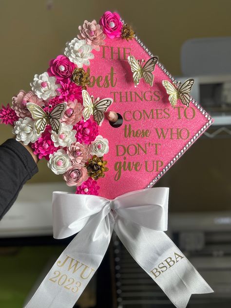 Graduation cap topper with 3D and butterflies | Graduation cap custom | graduation cap design | grad  Congratulation and thank you for stropping by. You can order cap as is or we can customize it for you. Feel free to contact us Graduation Cap Designs Butterfly, Graduation Cap Designs Pink, Pink Graduation Cap Designs, Cap Toppers Graduation, Pink Grad Cake, Girly Graduation Cap, Graduation Hat Toppers, Graduation Hat Designs, Creative Graduation Caps