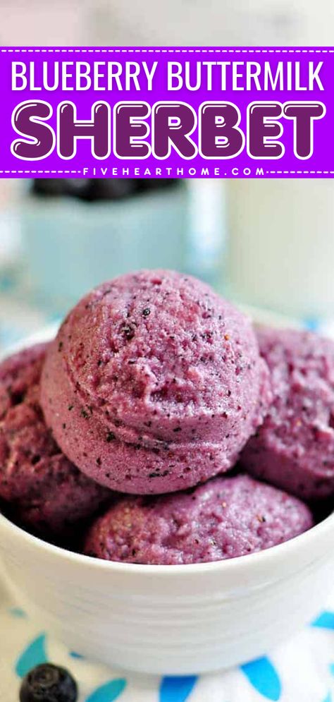 Get ready for a fun summer dessert! Blended with blueberry goodness, this buttermilk sherbet is sweet, creamy, and refreshing. Save this easy sherbet recipe and enjoy this homemade frozen treat! Busicut Recipes, Blackberry Frozen Yogurt, Mixed Berry Sorbet, Huckleberry Recipes, Homemade Frozen Yogurt, Frozen Yogurt Recipes, Frozen Summer, Berry Sorbet, Homemade Dessert