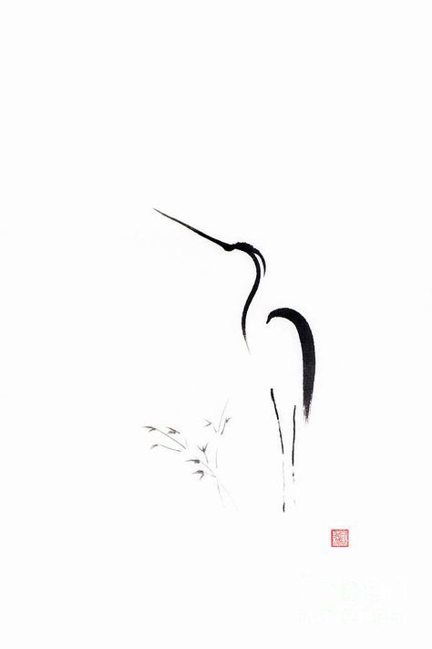 Japanese Art Simple, Japanese Line Art, Zen Art Paintings, Bamboo Art Painting, Japanese Ink Art, Sumie Art, Heron Painting, Heron Tattoo, Japanese Ink Painting