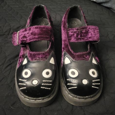 T.U.K Crushed Velvet Purple Cat Kitty Mary Janes Cat Mary Janes, Apple Shoes, Purple Mary Janes, Cute Mary Janes, Velvet Purple, Cat Shoes, Funky Shoes, Purple Cat, Shoe Inspo