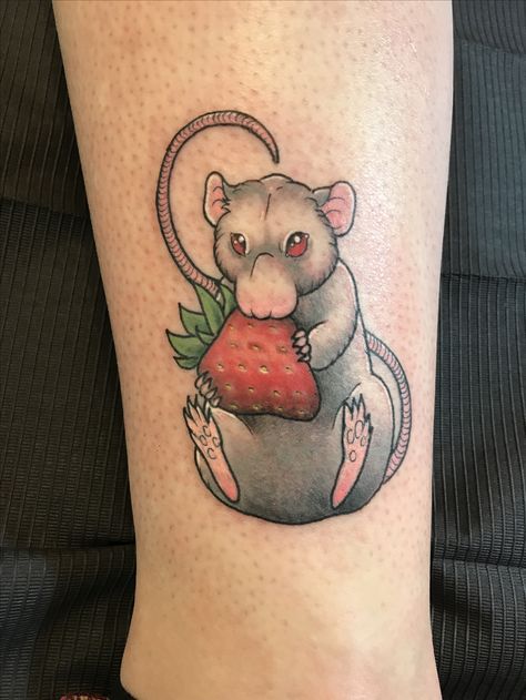 Rat with strawberry tattoo Rat Tattoo, Strawberry Tattoo, Rats, Tattoos