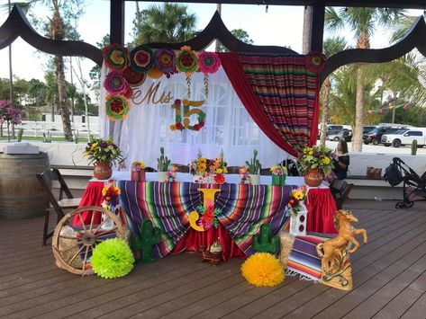 Quinceanera Entrance Table, Mexican Theme Quinceanera Decor, Charro Quinceanera Centerpieces, Quince Decorations Mexican, Mexican Party Backdrop, Mexican Theme Centerpieces Ideas, Charro Decorations For 15, Mariachi Theme Party, Mexican Theme Backdrop Ideas