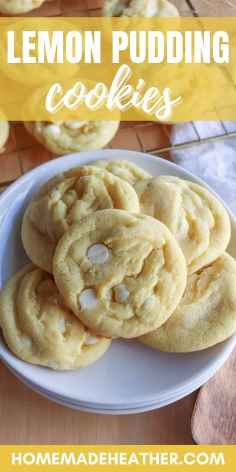 Make these lemon pudding cookies, bursting with tangy citrus flavor and creamy white chocolate chips.  A zesty delight in every bite! Easy Lemon Pudding, Lemon Pudding Cookies, Pistachio Pudding Cookies, Cookies With White Chocolate Chips, Cookies With White Chocolate, Turkey Cookies, Sugar Free Vegan, Pudding Cookies, Lemon Pudding