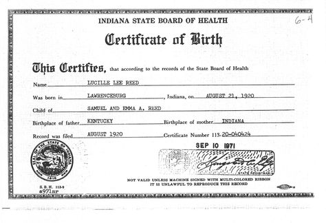 Lucille Reed birth certificate after legal name change from Lucell. Birth Certificate Form, Fake Birth Certificate, Legal Name Change, Birth Certificate Template, Indiana State, Name Change, Birth Certificate, Money Gift, Certificate Templates