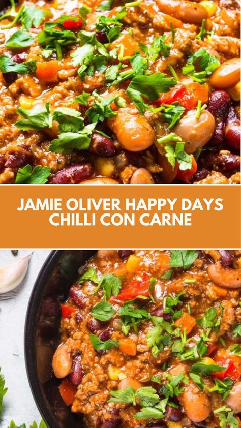 Jamie Oliver Happy Days Chilli Con Carne is made with minced chuck, onions, garlic, sun-dried tomatoes, fresh red chili, canned tomatoes, red kidney beans, and a cinnamon stick. This hearty Chilli Con Carne recipe creates a flavorful dinner that takes about 2 hours to prepare and can serve up to 6 people. Chilli Recipe With Beans, Jamie Oliver Recipes 15 Minute Meals, Vegetable Chilli, Chilli Con Carne Recipe, Chili Con Carne Recipe, Carne Recipe, Con Carne Recipe, Salty Food, Lentil Chili