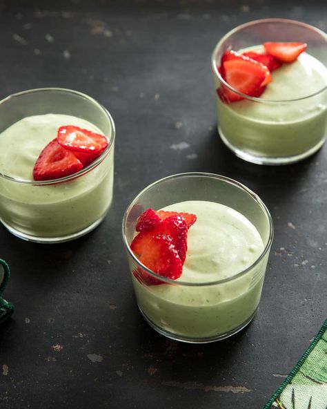 Fresh Basil Mousse | Basil, more commonly found alongside fresh fruits when it's served as part of a dessert, works surprisingly well with dairy in this lovely pale-green mousse. Perhaps even more surprisingly, white chocolate blends seamlessly with the herb's heady scent, while also making the mousse rich and thick, even in the absence of eggs. Serve it alone, or top it with sliced fresh summer fruit, like strawberries or nectarines.	  #desserts #dessertrecipes #sweettooth #seriouseats #recipes Sleep Food, Panna Cotta Recipe, Mousse Recipes, Serious Eats, Now Foods, Matcha Green Tea, Summer Fruit, Trifle, Fresh Basil