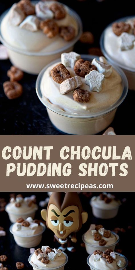 Count Chocula Recipes, Spooky Pudding Shots, Jello Pudding Shots Recipes, Spiced Rum Pudding Shots, Strawberry Shortcake Pudding Shots, Count Chocula Treats, Pudding Shots Halloween, Pudding Shots Alcoholic Halloween, Fall Pudding Shots Alcohol