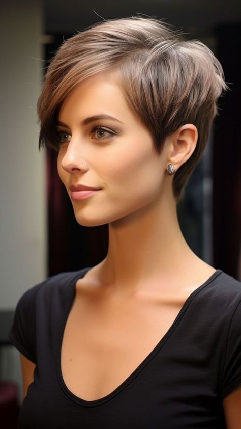 Short Over The Ear Haircuts For Women, Pixie Hairstyles With Highlights, Front And Back Pictures Of Pixie Haircuts, Short Middle Part Hair Women, Graduated Pixie Haircut, Back Of A Pixie Haircut, Short Graduated Bob Hairstyles, Short Women's Haircut, Short Elegant Haircut