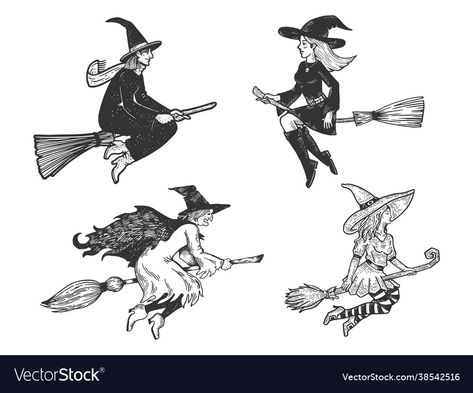 Witch Flying On Broom, Broom Set, Witch On Broom, Fly Drawing, Stick Drawings, Witch Drawing, Pin Up Illustration, Line Art Images, Witch Tattoo