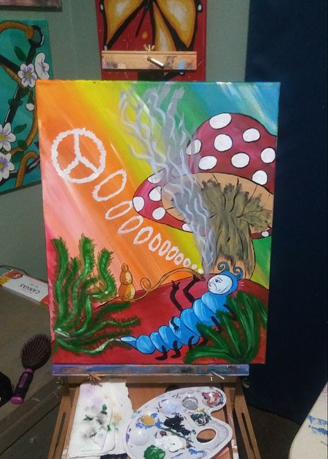 Hookah smoking caterpillar. Peace sign. Rainbow. Mushroom. Acrylic paint. Canvas art. Paint night Trippie Canvas Painting Ideas, Crazy Canvas Painting, Smoker Canvas Painting Ideas, Trippy Crafts Diy Art Projects, Stash Box Painting Ideas Trippy, Funky Art Painting Easy, Peace Painting Ideas, Spiritual Paintings Canvases, Trippy Canvas Painting Ideas Creative