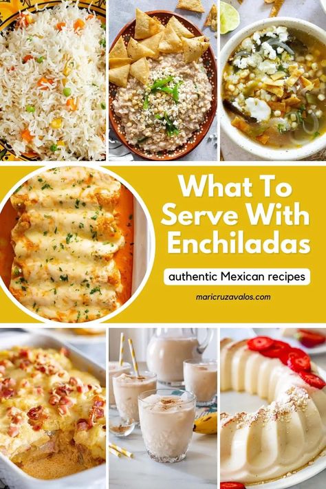 What To Serve With Enchiladas (Authentic Recipes) Sides For Enchiladas Dinners, Enchiladas Authentic, Rice And Refried Beans, Creamy Guacamole, Mexican Side, Authentic Mexican Recipes, Mexican Side Dishes, Mexican Rice, Hispanic Food