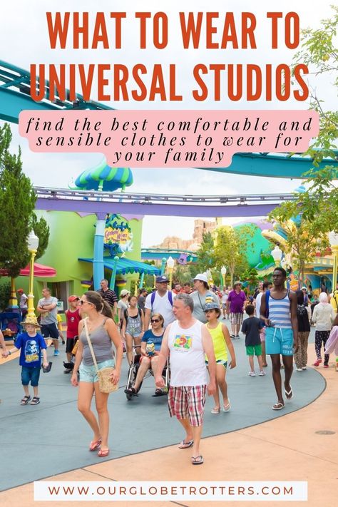 Helping you choose the best outfits to cover Florida weather and activities you'll undertake visiting Universal Studios in Orlando | Best types of clothing and shoes you'll want to wear on a Florida theme park vacation, tips for every season | Our Globetrotters Family Travel Blog Florida Theme Park Outfit, Mom Outfits For Universal Studios, Universal Studios Outfit Plus Size, Universal Orlando Outfit Summer, What To Wear To Universal Orlando, Orlando Outfits Spring, Universal Studios Orlando Outfits, Islands Of Adventure Orlando Outfit, Universal Studios Orlando Outfit Ideas