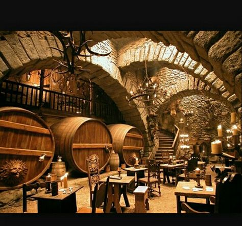 Barrels Taverna Medieval, Urban Industrial Decor, Casa Hobbit, Medieval Aesthetic, Cellar Design, Hobbit House, Wine Room, Wine Bar, Wine Cellar