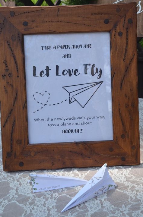 Airplane Engagement Party, Wedding Paper Planes, Paper Airplane Wedding Send Off, Plane Themed Wedding, Pilot Wedding Ideas, Airplane Hanger Wedding, Plane Wedding, Airplane Hangar Wedding, Aviation Wedding Theme