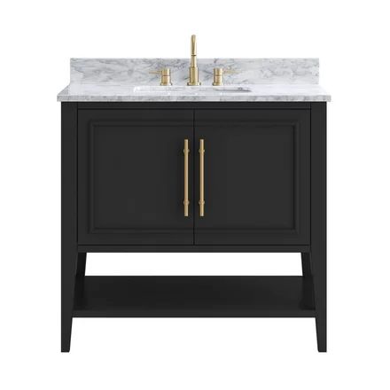 Black Bathroom Vanity 36”, Powder Room Vanity 30 Inch, Black Vanity Marble Top, Half Bath With Black Vanity, Black Vanity With Gold Hardware, Black Bathroom Vanity With Gold Hardware, Black Powder Room Vanity, Black Vanity Powder Room, Custom Bathroom Vanity Ideas