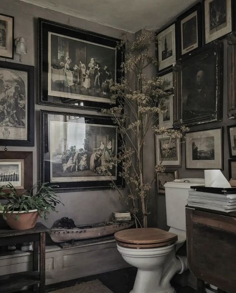 Art Nouveau Powder Room, Dark Academia Bathroom, Dark Academia Kitchen, Academia Interior, Apothecary Bathroom, Dark Academia Interior, Tomb Sweet Tomb, Bathroom 2024, Academia Decor