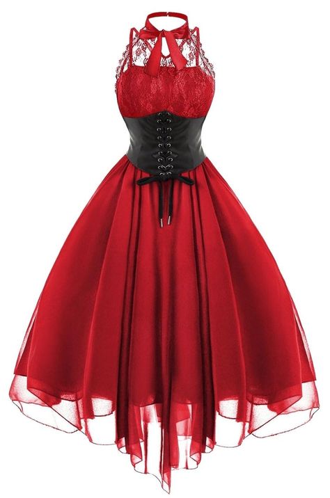 Halter Backless Dress, Vestidos Retro, Vintage Red Dress, Vintage Party Dresses, Dress With Corset, Punk Dress, Grunge Dress, Lace Party Dresses, Punk Vintage