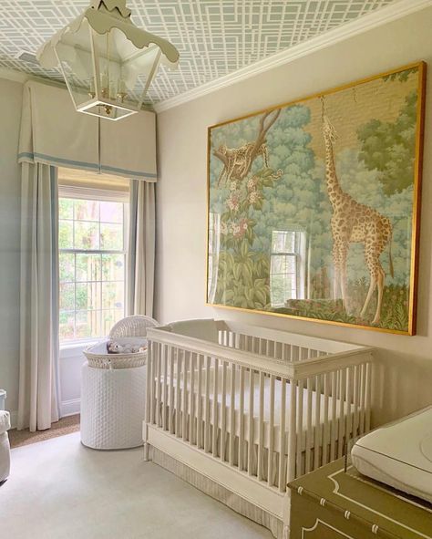 Anne Wagoner Interiors on Instagram: “What nursery dreams are made of... ✨ DESIGN: @katiegibsoninteriors” Nursery Mural Neutral, Crib Under Window, Nursery Ideas Luxury, Vw Nursery, Elegant Nursery Ideas, Classic Nursery Ideas, Interior Design Nursery, French Country Nursery, Cece Barfield