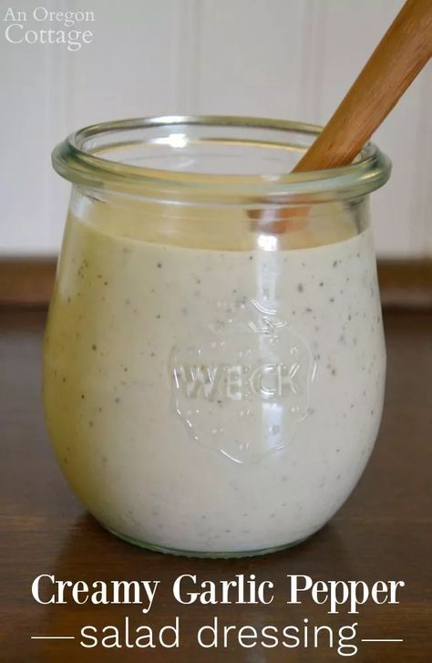 Made with olive oil, Greek yogurt, fresh garlic, and spices, this healthy homemade creamy garlic pepper salad dressing recipe puts store bought to shame. Plus, it's so easy it's ready in 5 minutes! #salad #dressing Fresh Salads Recipes, Creamy Salad Dressing Recipes, Creamy Greek Salad Dressing, Pepper Dressing, Garlic Salad Dressing, Easy Homemade Salad Dressing, Creamy Salad, Pepper Salad, Creamy Salad Dressing