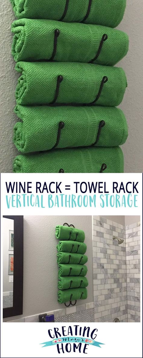 Wine Rack as Towel Rack: Vertical Bathroom Storage - creatingmaryshome.com Diy Towel Rack Bathroom, Bathroom Towel Racks, Vertical Bathroom, Diy Towel Rack, Bathroom Towel Storage, Purple Towels, Diy Bathroom Storage, Diy Towels, Towel Racks