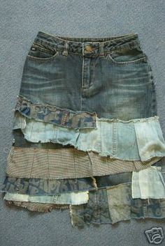 bohemian upcycled denim skirt - Google Search Remake Clothes Refashioning, Miss Sixty Skirt, Remake Clothes, Patchwork Denim Skirt, Diy Clothes Design, Diy Skirt, Denim Ideas, Short Denim Skirt, Upcycle Jeans