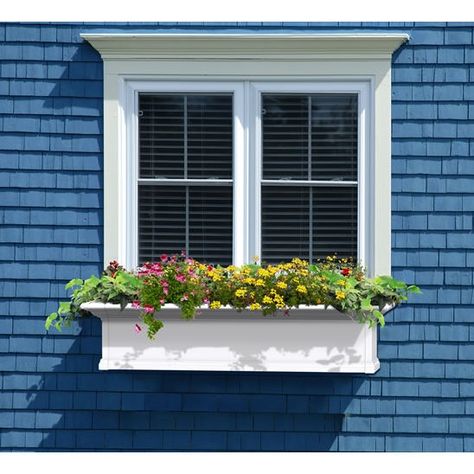 Window box; add decorative trim to top of window for added interest? White Window Boxes, Window Trim Exterior, Window Planters, Window Planter Boxes, White Windows, Pergola Kits, Windows Exterior, Window Trim, Window Boxes