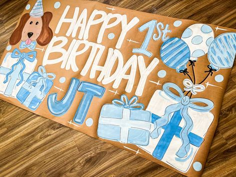 The cutest birthday banner 🤩🐶💙 #banner #birthday #art #artwork #banners #brownpaperbanner Happy Birthday Painted Banner, Paper Banner Ideas, Painted Banner Ideas, Dog Birthday Banner, Happy Birthday Painting, Banner Painting, Painted Banners, Painted Banner, Puppy Pawty