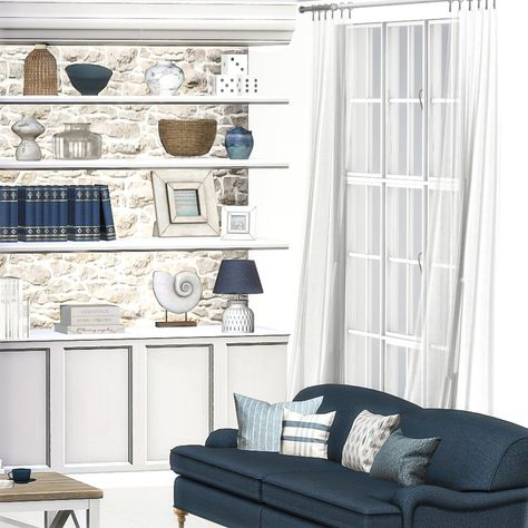 Sims 4 Cc Coastal Granddaughter, Coastal Cc Sims 4, Sims 4 Cc Furniture Beach House, Sims 4 Ocean Wallpaper, Sims 4 Cc Beach House Furniture Patreon, Beach Farmhouse, Sims 4 Cc Furniture Living Rooms, Living Room Coastal, Blue And White Living Room