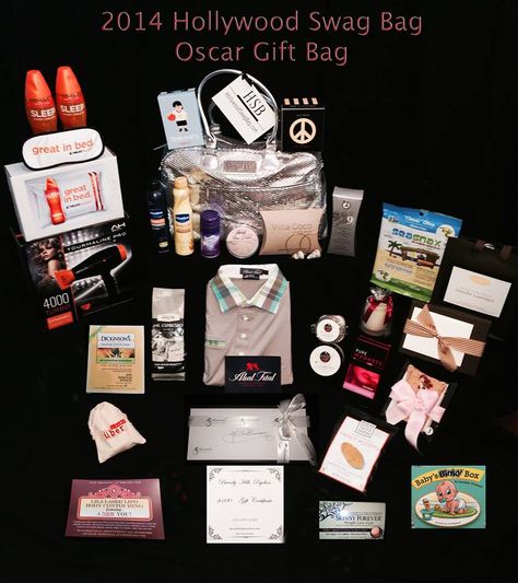 Hollywood+Swag+Bag+2014+Oscar+Gift+Bag Swag Bags Ideas Events Business, Swag Bag Ideas, Swag Bags, Bags 2014, Baby Binky, Lara Bars, Gala Event, Gala Events, Swag Bag