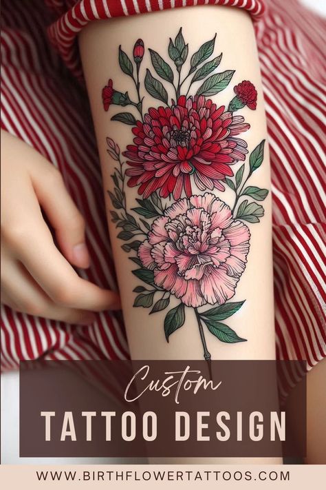 Carnation and Chrysanthemum Tattoo: Birth Flower Design July Birth Month Tattoo, January Birth Flower Tattoo Carnation, Birth Flower Tattoos November, Flower Tattoo Carnation, November Birth Flowers, January Birth Flower Tattoo, Tattoo Birth Flower, December Birth Flower Tattoo, Birth Month Tattoo