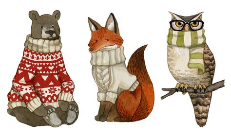 Animal In Sweater Drawing, Animals In Sweaters Illustration, Animals In Sweaters, Sweater Illustration, Xmas Animals, Christmas Illustration Design, Festive Packaging, Paint Animals, Ugly Christmas Jumpers