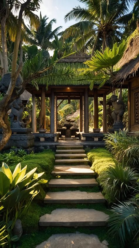 Bali Garden Bliss: 15 Tropical Backyard Ideas to Transform Your Space - Inspire Inlet Asian Garden Design Landscaping Ideas, Bali Landscape Design, Modern Tropical Resort, Bali Garden Ideas, Tropical Backyard Ideas, Tropical Entrance, Resort Landscape Design, Modern Tropical Garden, Jungle Palace