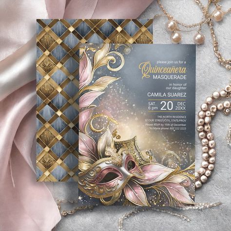 Quinceanera Masquerade Rose Gold ID1031 Masquerade Theme Quinceanera, Masquerade Quinceanera Ideas, Masquerade Quinceanera, Theme Quinceanera, Quinceanera Masquerade, Masquerade Invitations, Silver Color Palette, Masquerade Party Decorations, Mardi Gras Masquerade