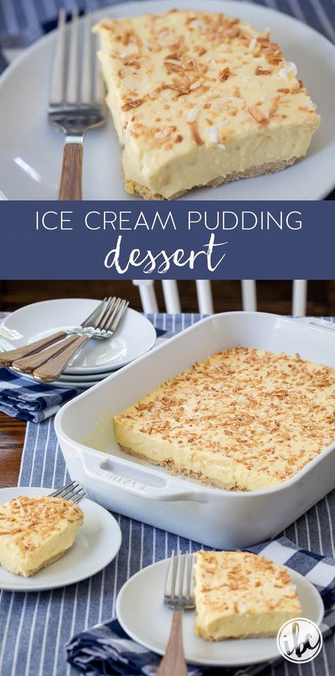 Ice Cream Pudding Dessert (Ice Cream Salad) #oldfashioned #dessert #icecream #coconut #pudding #recipe #icecreamsalad #summer #icecreampudding Coconut Ice Cream Dessert, Ritz Cracker Dessert, Ritz Cracker Crust, Ice Cream Pudding, Frozen Pudding, Cracker Dessert, Cream Salad, Dessert Ice Cream, Easy No Bake Cheesecake