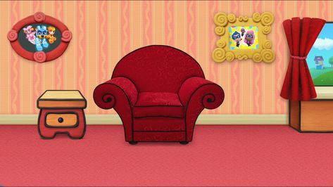 Nick Jr. Mighty Heroes Background Blue's Clues And You Living Room, With The Mighty Pups In The Felt Frame, And The Super Guppies On The Yellow Picture Frame. Bubble Guppies Theme, Blue Clues, Thinking Chair, Halloween Living Room, Baby Movie, Blue's Clues And You, Coraline Jones, 2nd Birthday Party Themes, Pirate Adventure