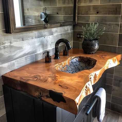 Elevate your bathroom with our handcrafted Live Edge Bathroom Sink. Featuring raw, organic edges and unique grain patterns, this sink brings rustic charm and natural beauty to any space. Experience the perfect blend of functionality and timeless design. Conceptual AI Art Follow @ecosapiens for more! Unique Wash Basin Ideas, Wooden Bathroom Sink, Rustic Sink Ideas, Live Edge Bathroom Counter, Live Edge Bathroom, Diy Sink Vanity, Cabins Interiors, Tiny Cabins Interiors, Rustic Bathroom Sink