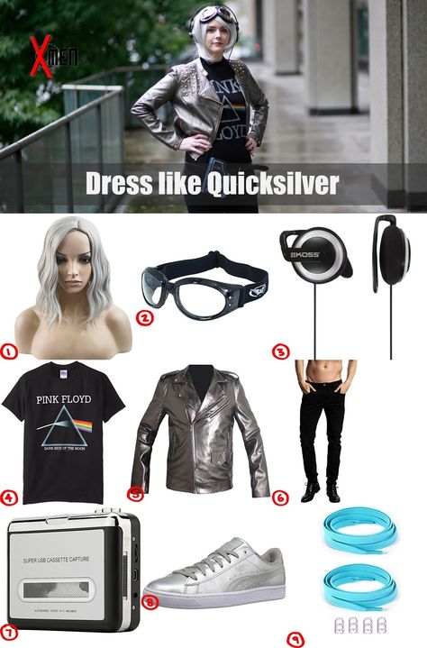 Dress like Quicksilver from X-men - Costume & Cosplay Guide  #X-men #costume  #Quicksilver Quicksilver Cosplay, Quicksilver Xmen, X Men Costumes, Peter Maximoff, Men Costume, Black Denim Pants, Silver Shorts, Metallic Jacket, Curly Bob Wigs